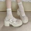 Women's Sweet Heart Shape Buckle Lolita Shoes Patent Leather Thick Sole Mary Jane Shoes Women's Metal Decorated High Heels