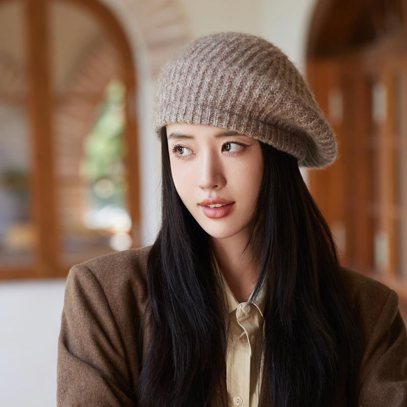 Korean Autumn and Winter Hat for Women Rabbit Wool Knitted Warm Wool Hat Solid Color Versatile Beret Literary Retro Painter Hat