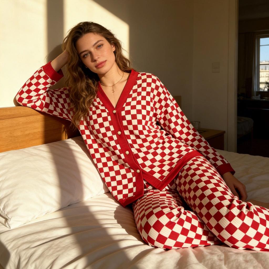 Pajama Set with Checkered Print for Home Wear