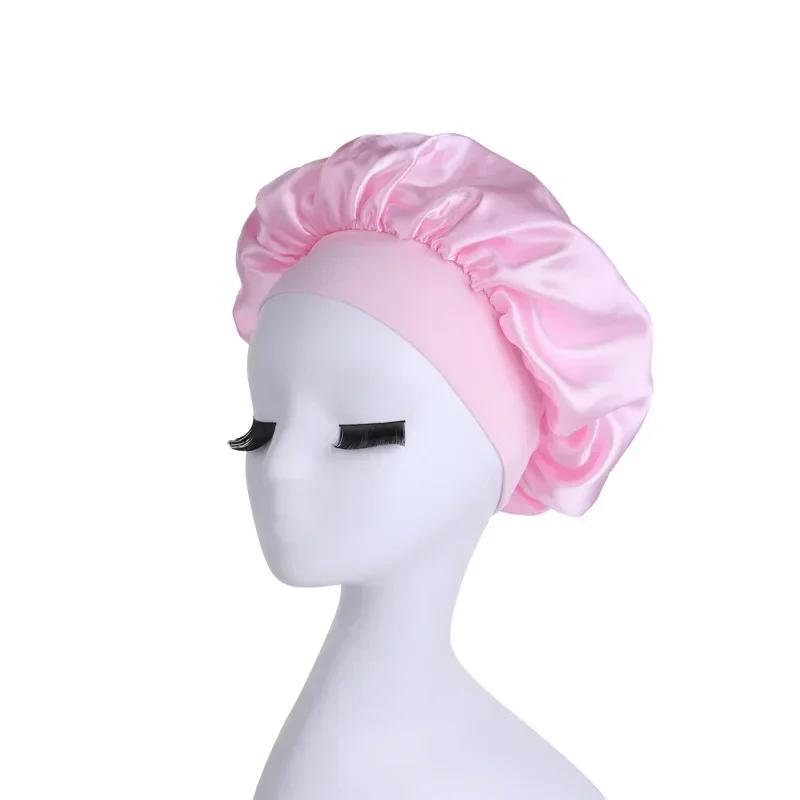 High Elastic Satin Solid Sleeping Hat Hair Care Bonnet Nightcap Multi-color Reusable Women Home Sleeping Cap Accessories