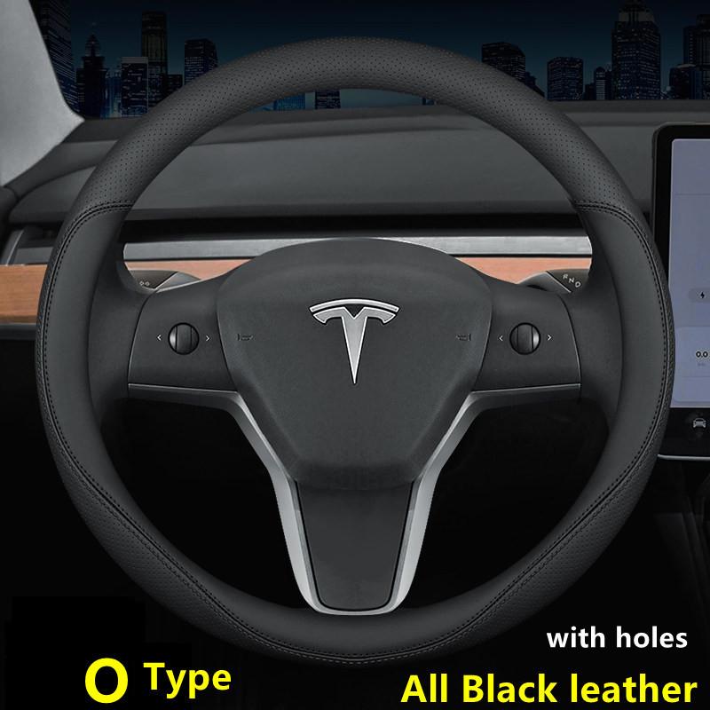 Steering Wheel Cover For Tesla Model 3 Y S X Nappa Leather 4 Seasons 36-39 CM Diameter Black Car Interior Accessories 2017-2026