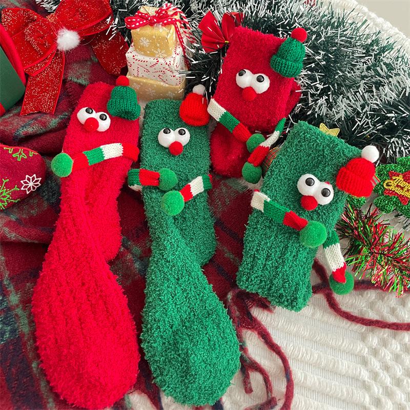 Cute Cartoon Christmas Gift Coral Fleece Mid Tube Socks Christmas Socks Children Funny Big Eyes Holding Hands Socks