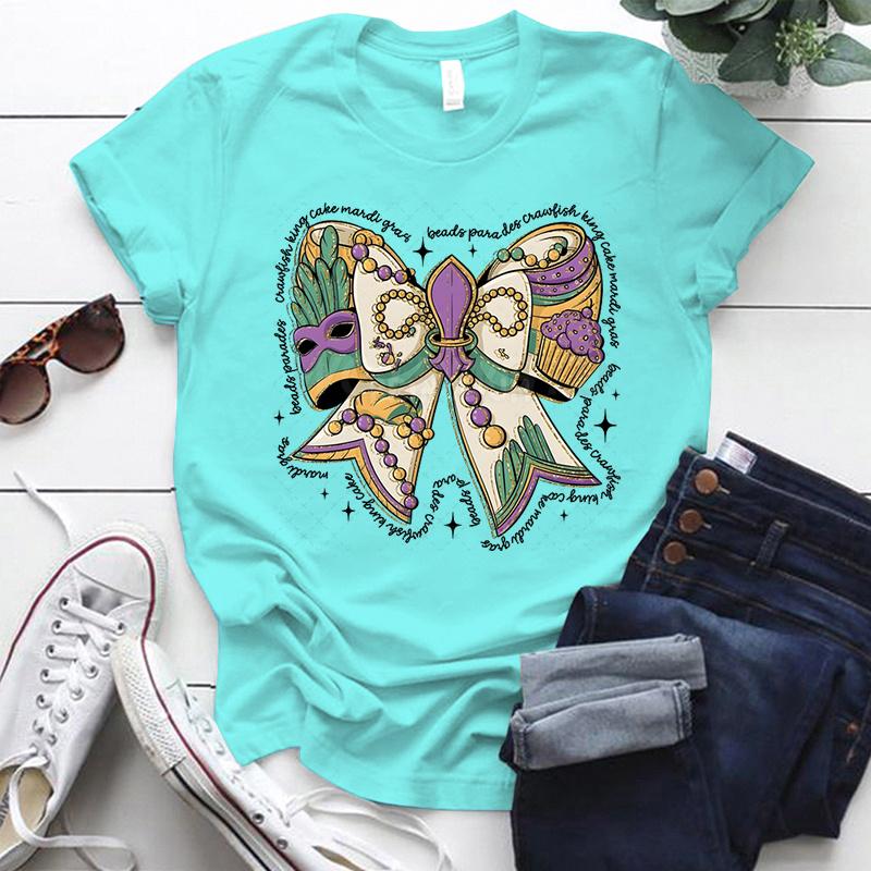 Mardi Gras Coquette Bow Design Tshirt Women Mardi Gras Vibes Vintage T Shirt Crew Neck Fat Tuesday Carnival Bow Shirt for Women