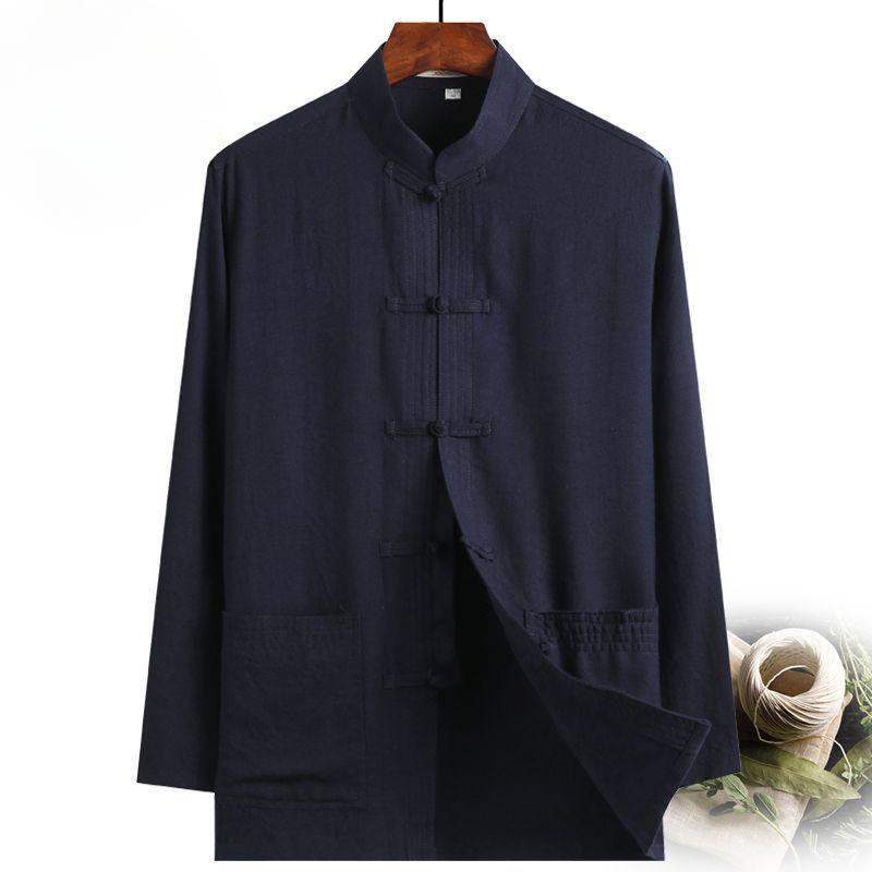 Chinese Style Spring Tang Suit Men's Long-sleeved Chinese Thin Linen Shirt Men's Dad Cotton and Linen Top