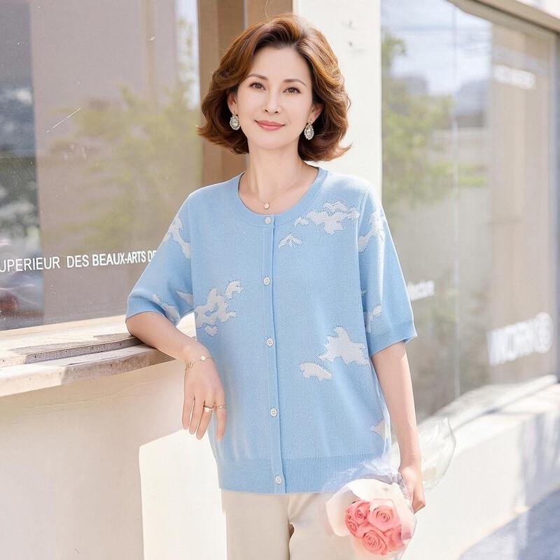 Women's Round Neck Short Sleeve Silk Blend Knitted Cardigan