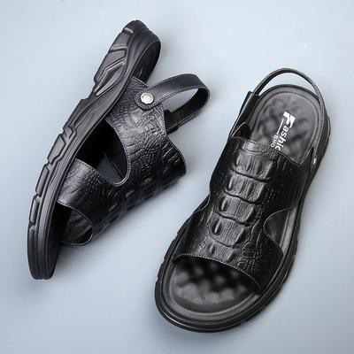 Fashion Crocodile Pattern Mens Sandals Genuine Leather Summer Flats  Outdoor Casual Beach Shoes Fashion Slippers Dual-Purpose Half Drag