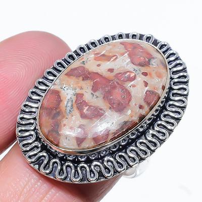 Natural Leopard Skin Jasper Gemstone 925 Sterling Silver Ring Size 8.5 L6k94