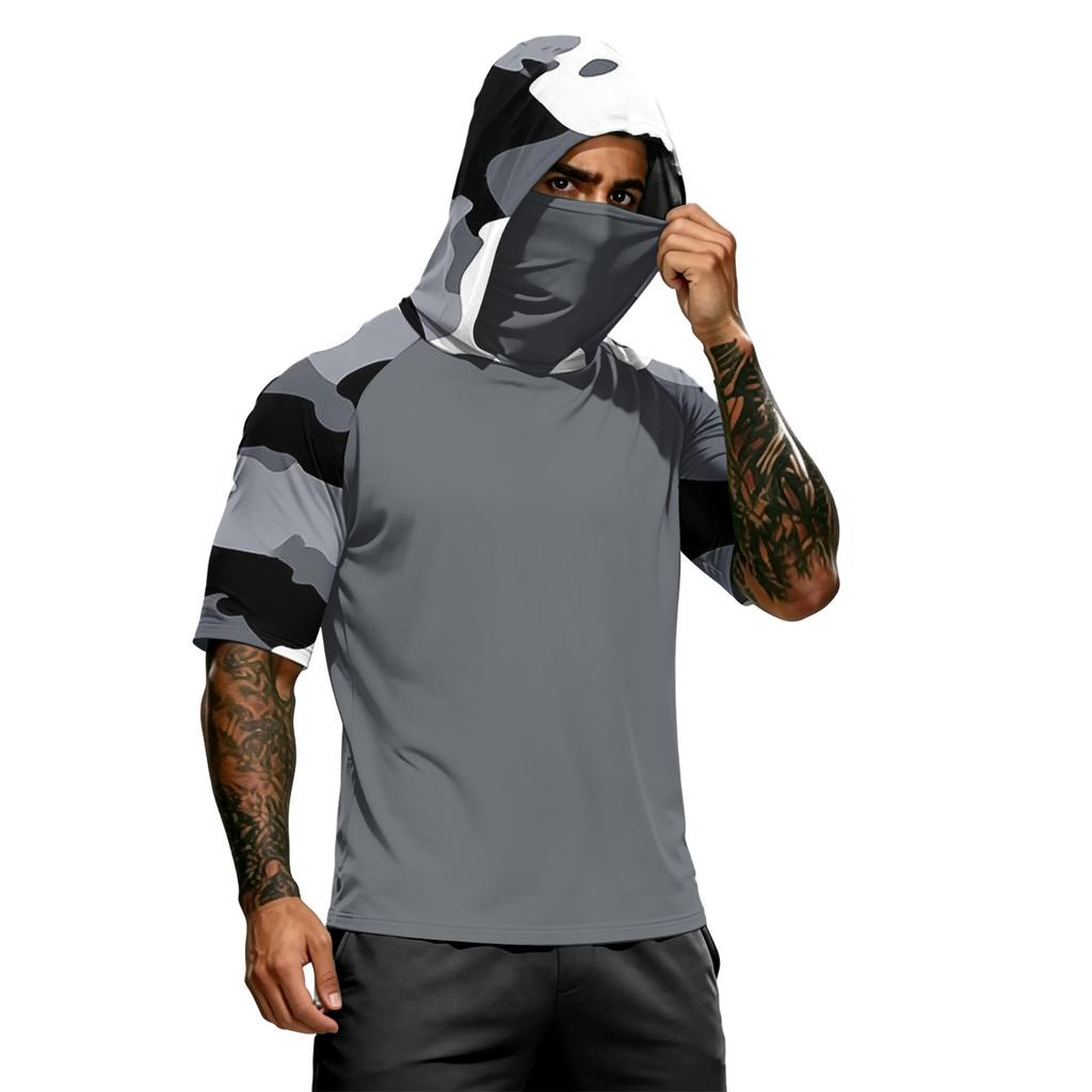 Men's Short Sleeve Hooded T Shirt Digital Camouflage Print Pullover Athletic Fit Lightweight Top for Sports Training