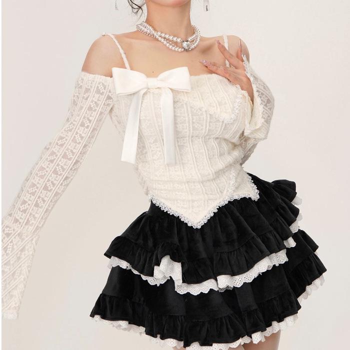 

Women s Sexy White Lace-Trimmed Pleated Puffy Skirt - Spring/Autumn S (suggested for 80-95 jin) чорний