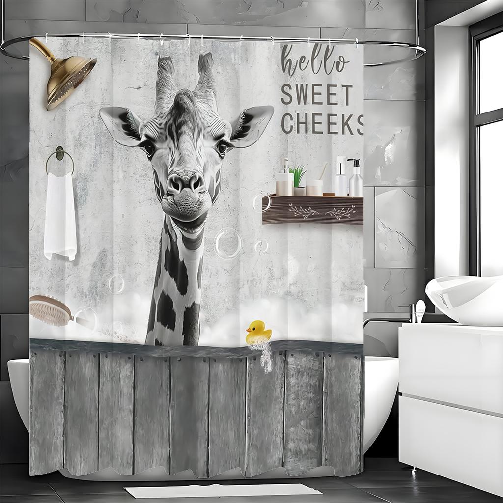 Black and White Giraffe Yellow Duck Shower Curtain, Bathroom Decorative Shower Curtain, Waterproof Shower Curtain with Hooks