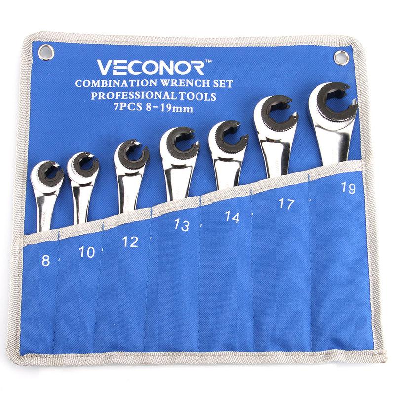 7Pcs Ratchet Flare Nut Wrench Spanner Set of Multitools Mirror Polished Oil Pipe Wrench