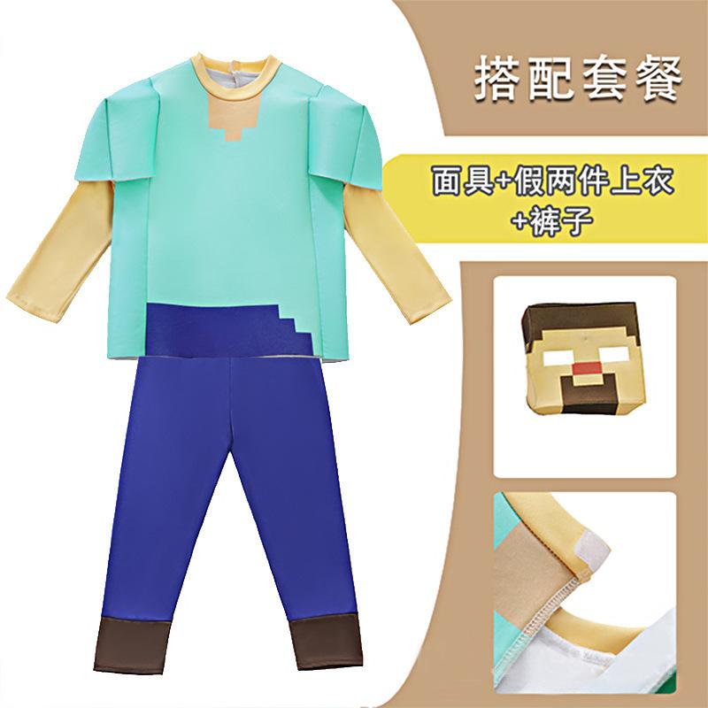 Kids Cosplay Diamond Armor Game Character Steve Cosplay Costumes 3 Pieces Set Blue Outfits Dress Up Set for Halloween