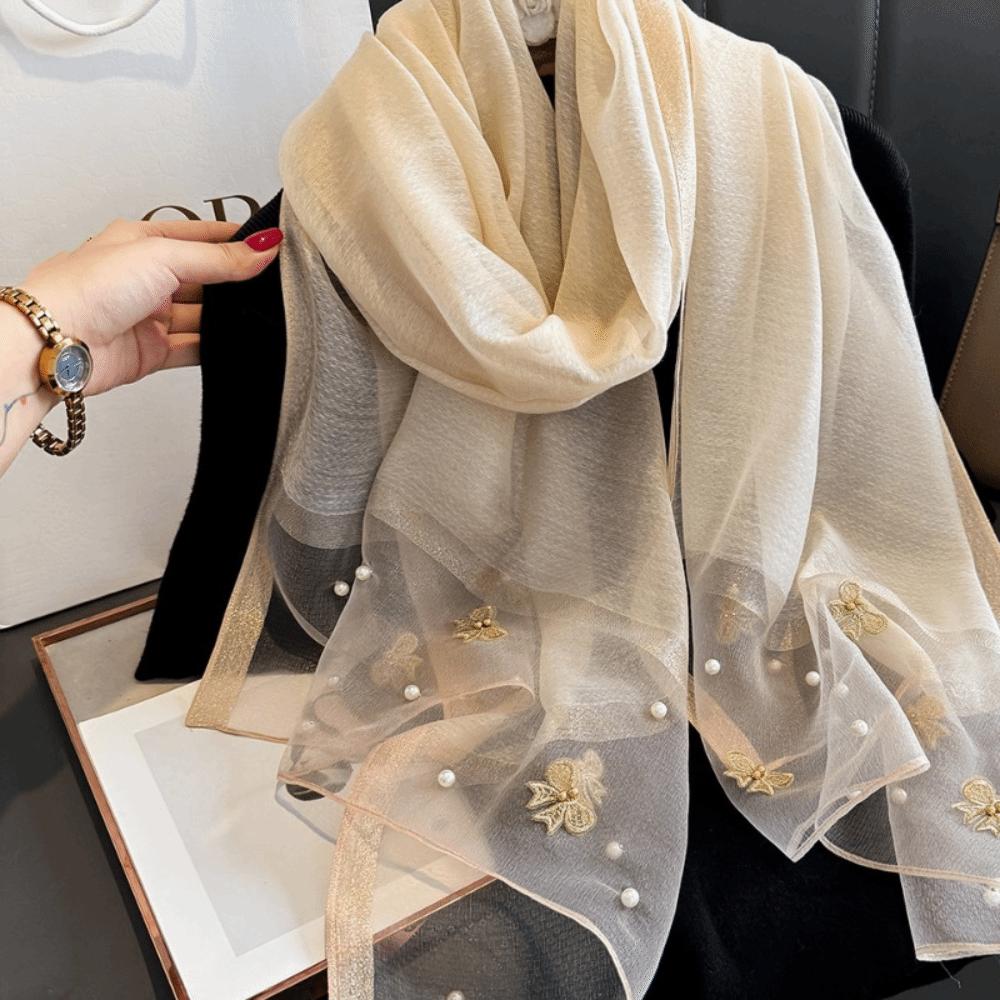Elegant Thin Silk Scarf Bow Lace Scarf Wraps Fashion Embroidery Scarf Spring