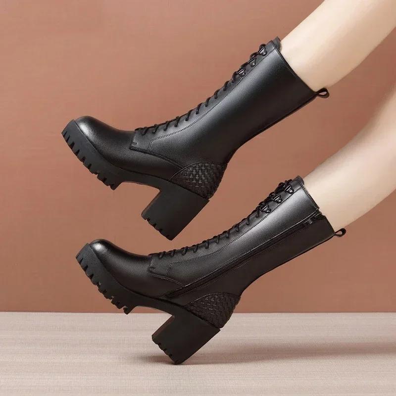 8cm 10cm Small Size 32-43 Genuine Leather Boots Womens Platform Shoes with Fur 2025 Block High Heels Mid Calf Boots Office Model