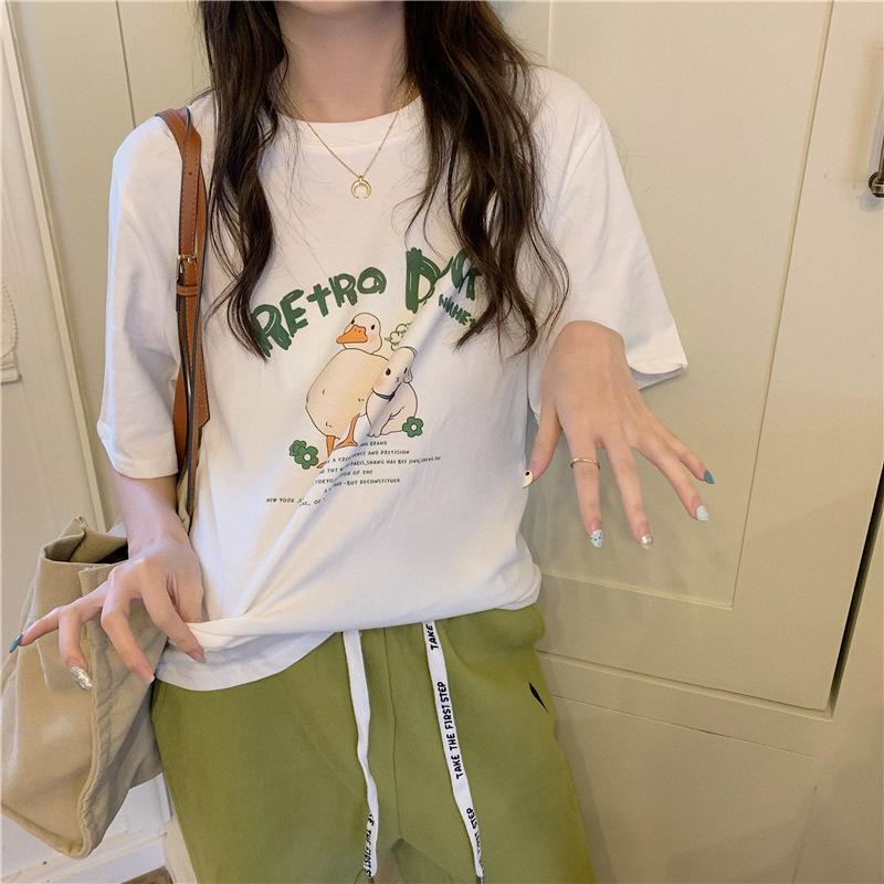 GMXIA Sommer Vintage Damen T-Shirt mit Aufdruck Reine Baumwolle Kurzarm T-Shirt Damen Ins Mode Locker Lässig mit Damenoberteil