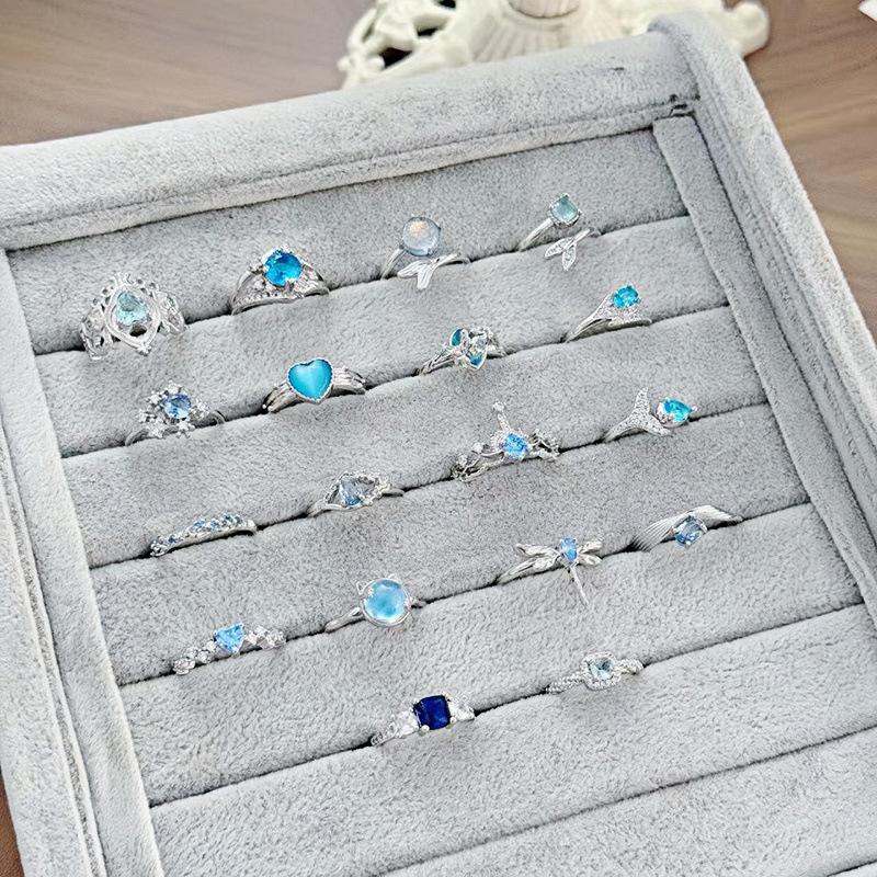 New Niche Light Luxury High Sense Sea Blue Zircon Super Fairy Open Ring Simple Fashion Jewelry Women
