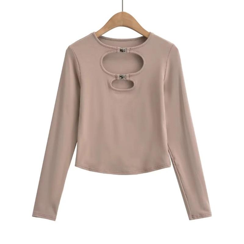 Spring Women's Hollow Round Neck Waist Tight Inner Long Sleeve T-shirt