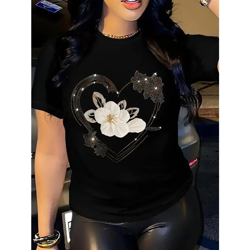 European Size Women's Casual Short-Sleeve T-Shirt - Breathable and Comfortable Heart Floral Print Round Neck, Machine Washable Essential
