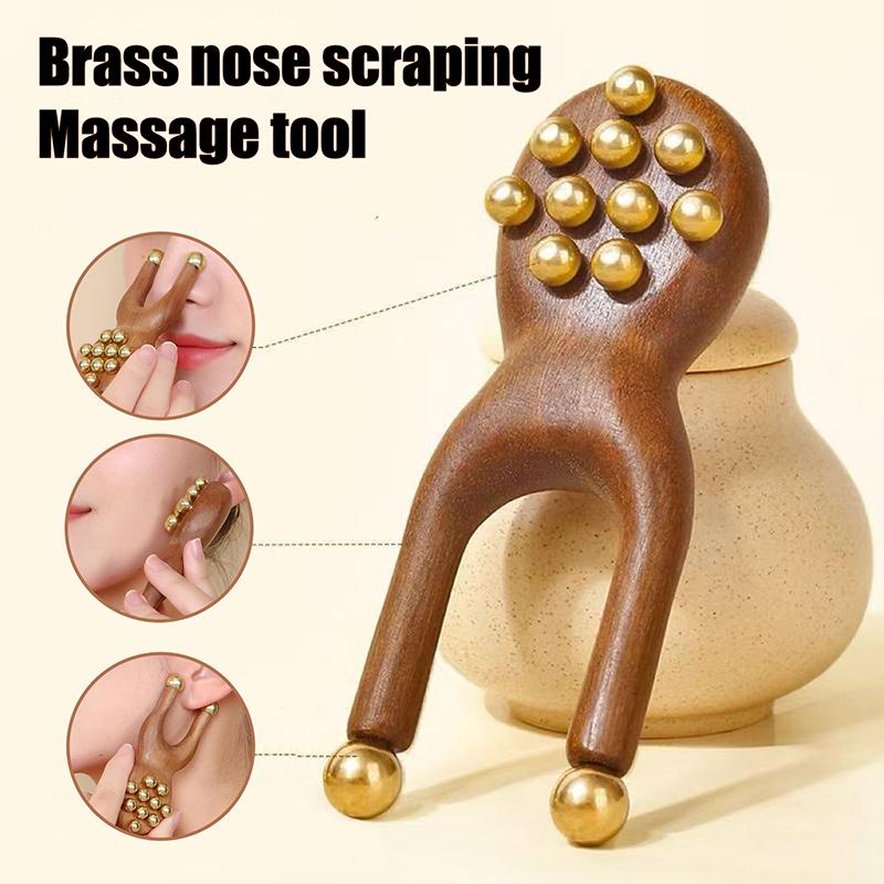 Wooden Nose Gua Sha Tool with Brass Beads – Handheld Comb for Facial Acupressure, Meridian Stimulation, and Relaxation
