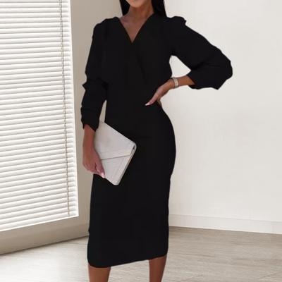 Vestido de mujer de otoño y primavera con escote en V y mangas abullonadas, estilo formal de negocios, ajustado