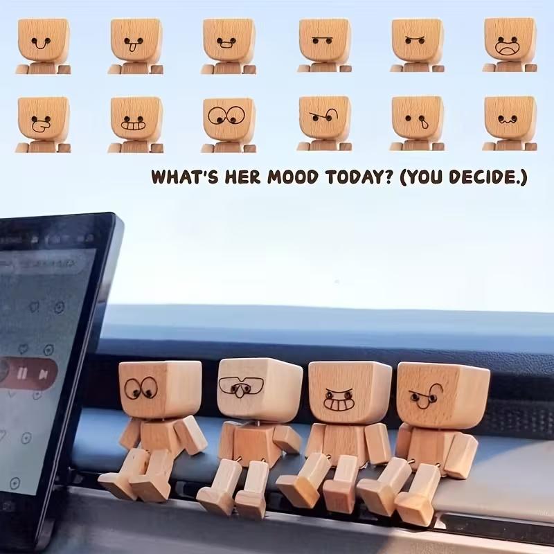

Express Your Mood! 12-Pose Wooden Man with Smiling/Sad Faces. Fun Car or Desk Ornament, a Cool Gift for Him. коричневый