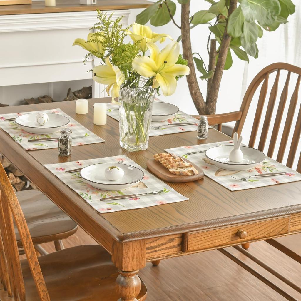 Bunny Rabbit Ears Buffalo Plaid Flower Easter Placemats Set of 6, 12x18 Inch Seasonal Spring Table Mats for Party Kitchen Dining Decoration