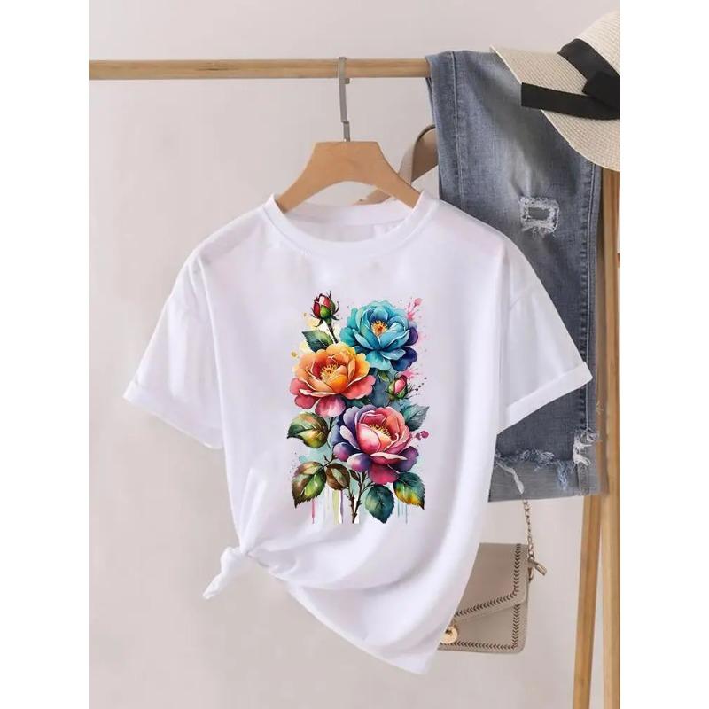 Krótki Rękaw Damski Nadruk Letnia Koszulka Modne Ubrania Koszulki Graficzne Kwiaty Akwarelowe Urocze Ubrania Damska Codzienna Koszulka