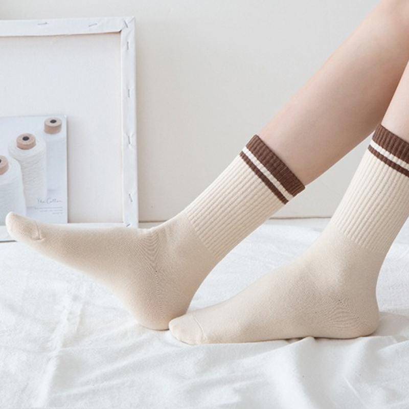 5 Pairs Trendy Striped Socks for Women Middle Tube Socks Japanese Style Fashion All-match Socks Solid Color Girls Socks