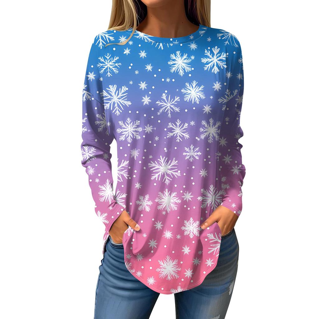 Damen T-Shirt mit Rundhalsausschnitt, Weihnachtsdruck, langärmelig