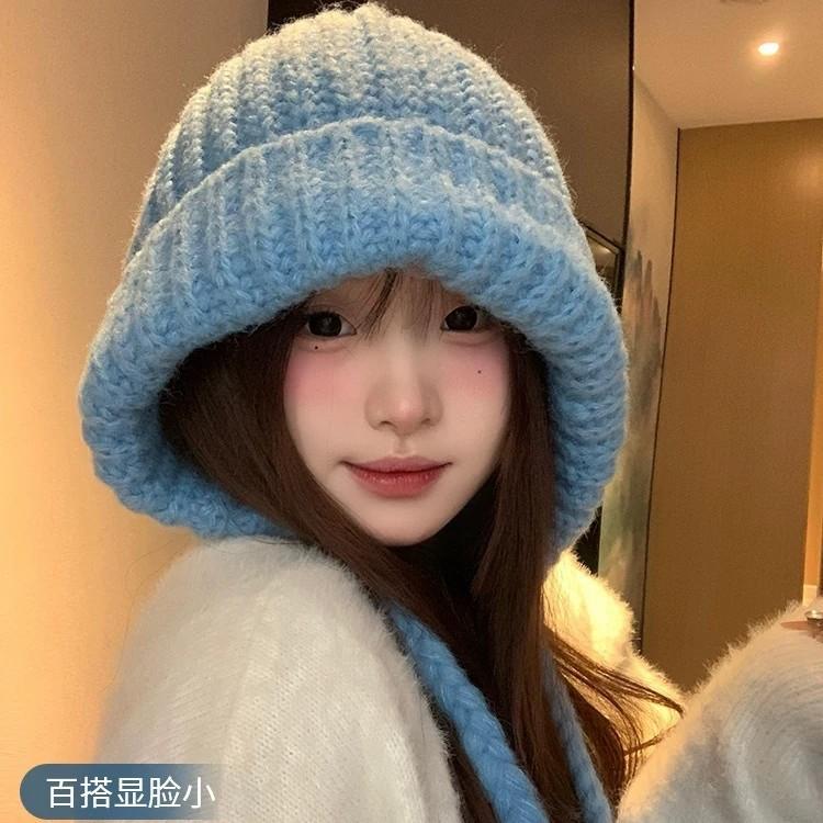 Blue Balaclava Hat Women's Autumn and Winter Warm Ear Protection Knitted Wool Hat Showing a Small Face and Cold-proof Bag Head Hat