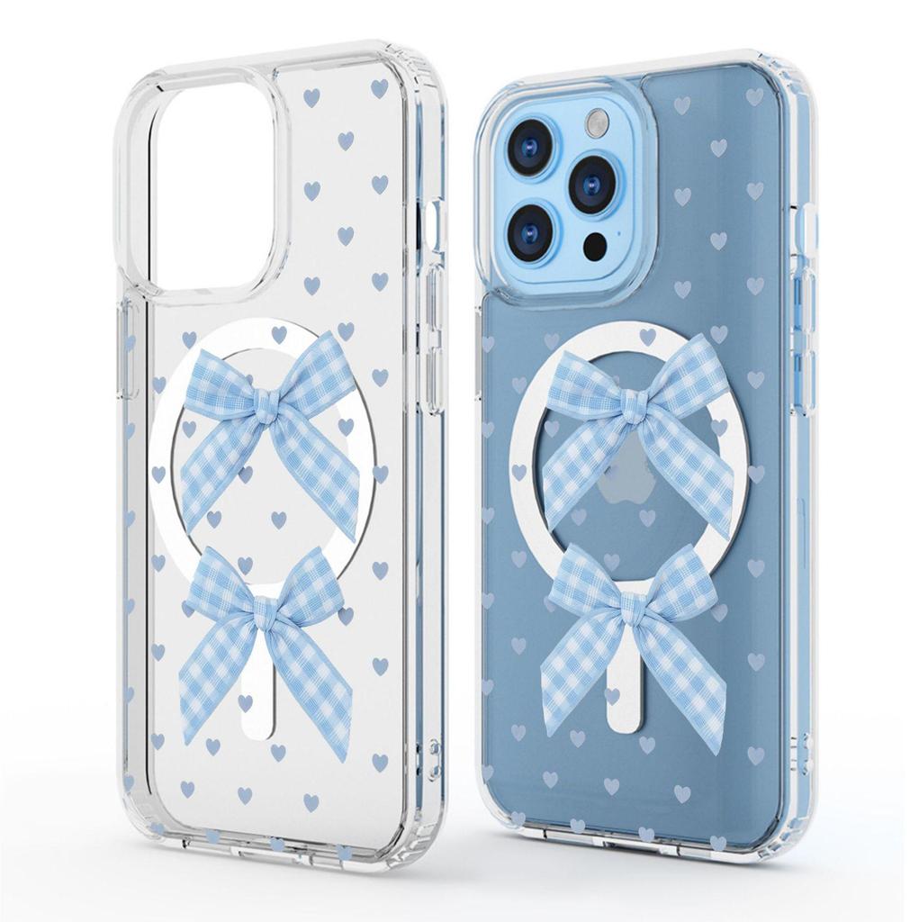 Blue Bow Magnetic Transparent Full Coverage Case for iPhone 14/15/16/17 Pro Max