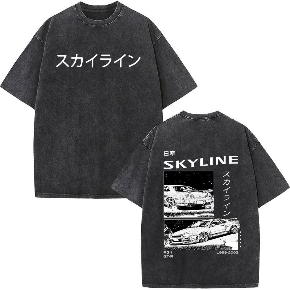Anime Initial D Drift AE86 Washed Vintage Print T-shirt RX-7 R34 Skyline GTR JDM T-shirts Men's Harajuku Cozy Oversized T Shirts