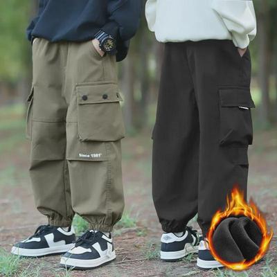 Boys' Windproof Waterproof Pants: Trendy Autumn/Winter 2024 Plus Velvet Workwear Trousers