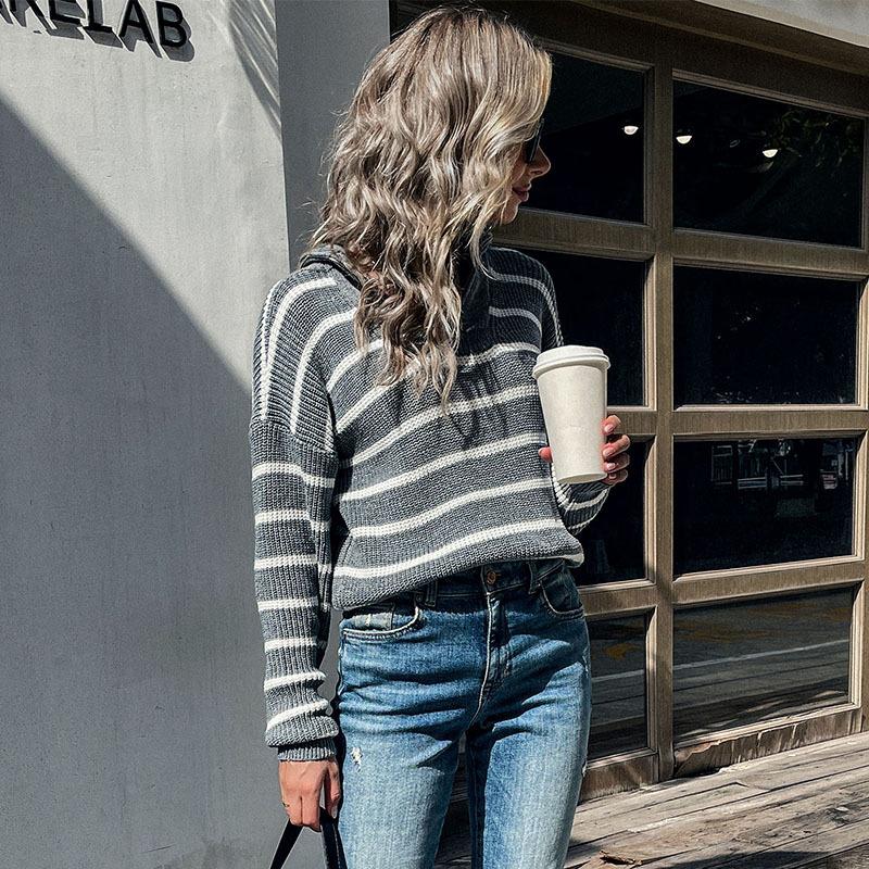 

Винтажная мода элегантный повседневный женский полосатый свитер с длинными рукавами и лацканами осень L серый