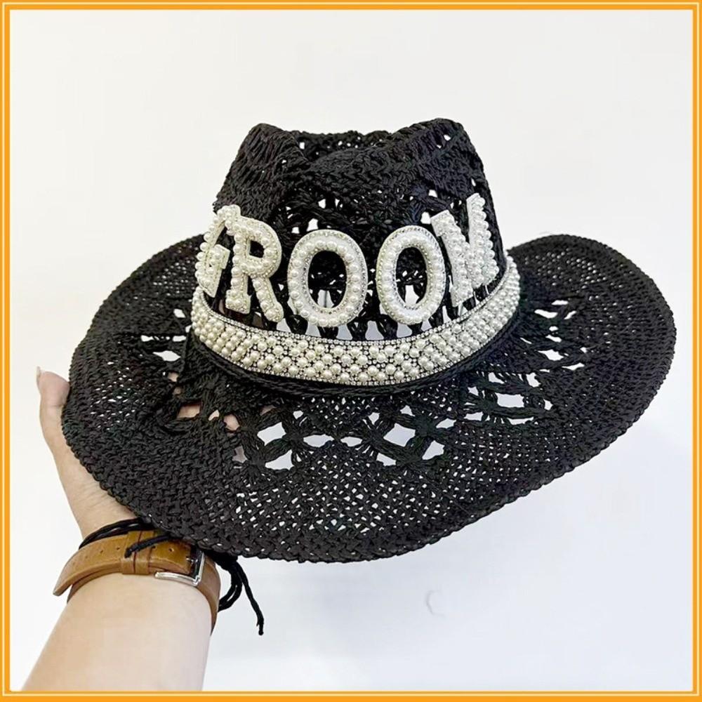 Rhinestone Letter Western Cowboy Hat Hollow Cowgirl Hat Jazz Hat For Wedding Bachelorette Party