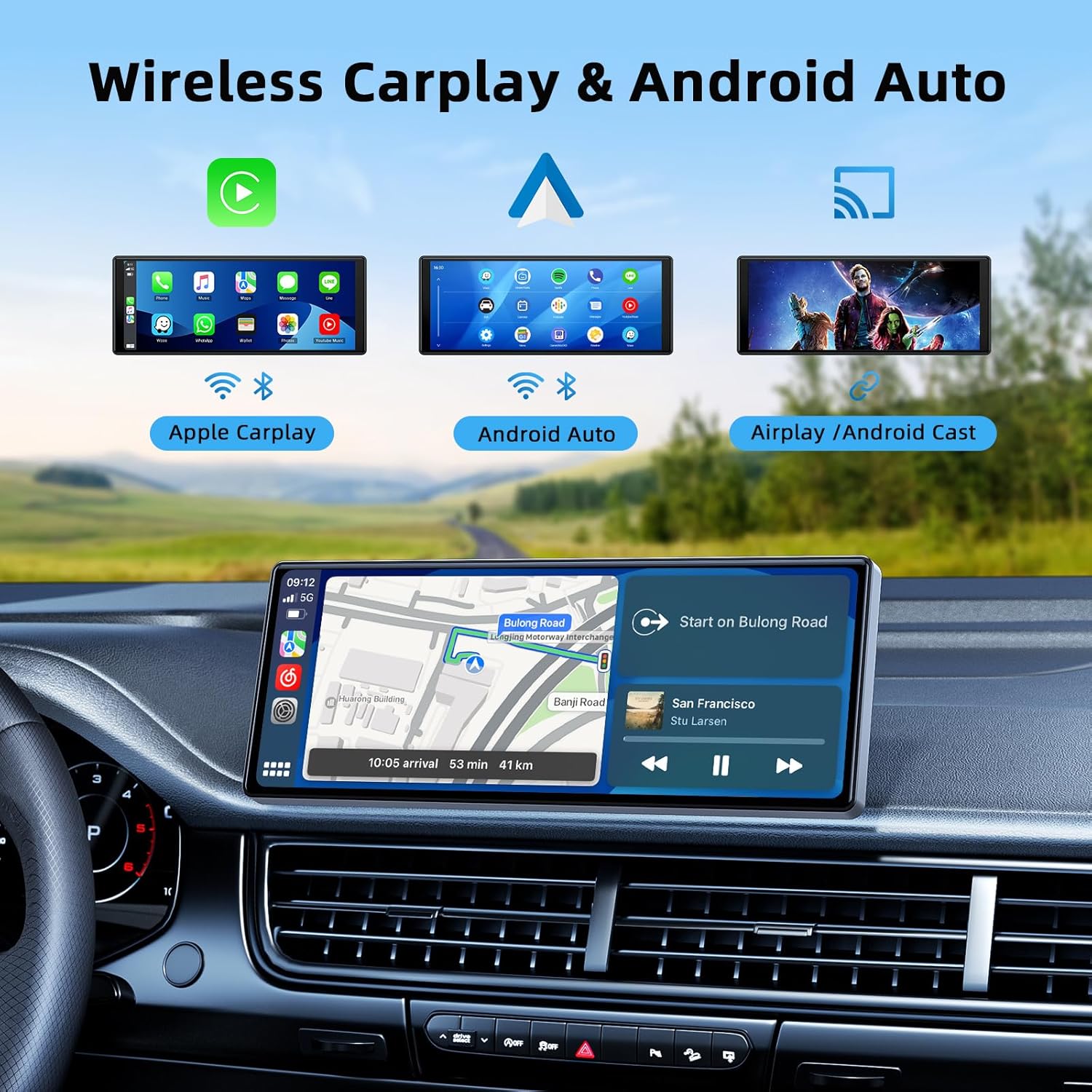 LAMTTO 9,26-дюймовый беспроводной экран CarPlay для автомобиля, совместимый с Apple CarPlay и Android Auto, портативная автомагнитола с GPS-навигацией, Bluetooth, Mirror