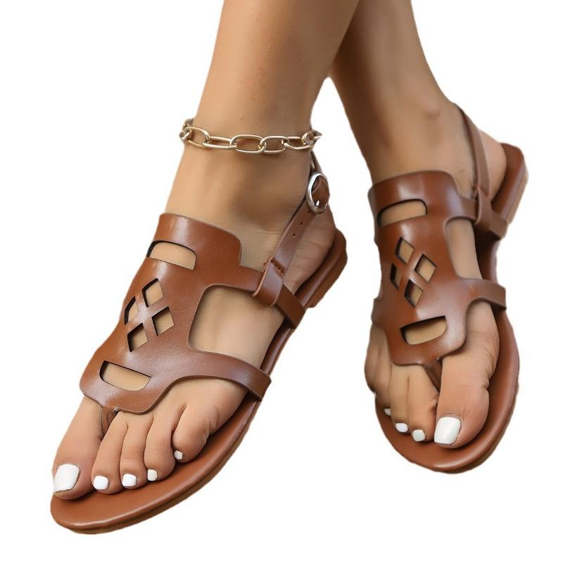 Large size flat-soled sandals for women's summer new outer wear hollowed-out toe sandals for women