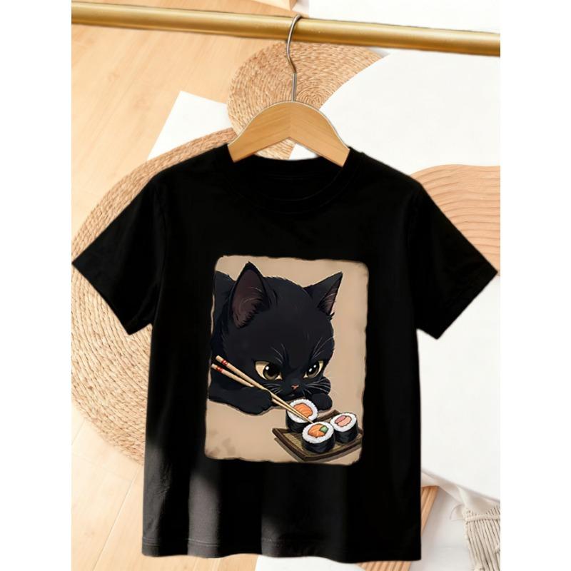 European Size Childrens Crew-neck Short-sleeved T-shirt with Black Cat Eating Sushi Pattern Print