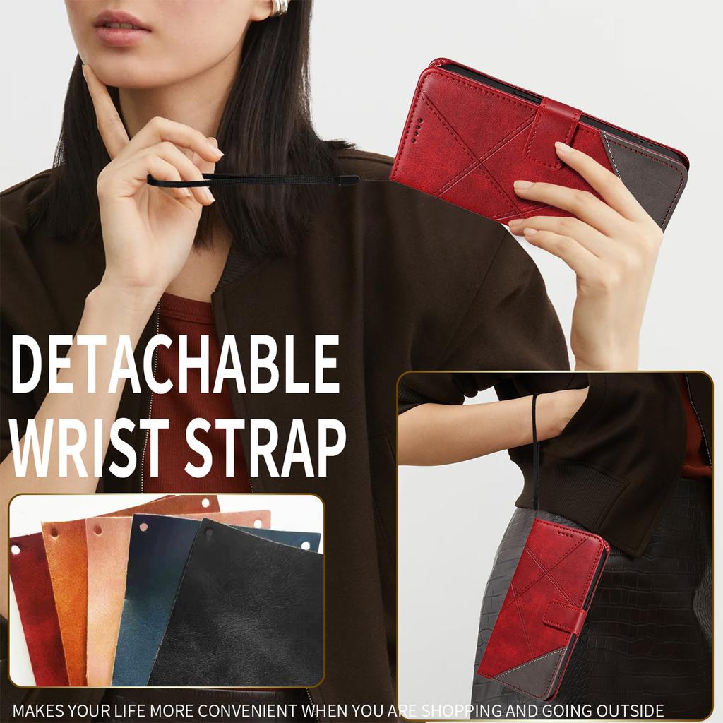 For iPhone 17 Pro Leather Case Geometric Line Design Wallet Phone Cover with Wrist Strap