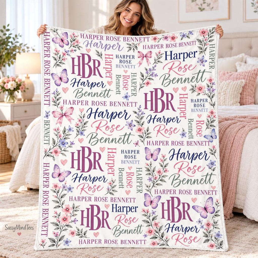 Personalized Name Blanket for Girl, Custom Floral Butterfly Blanket, Monogram Fleece Blanket, Baby Girl Nursery, Daughter Granddaughter Gift