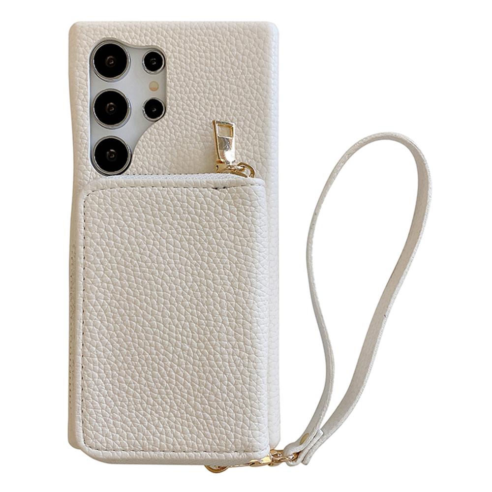 For Samsung Galaxy S23 Ultra Case Zipper Card Slots PU Leather Phone Back Cover with Wrist Strap