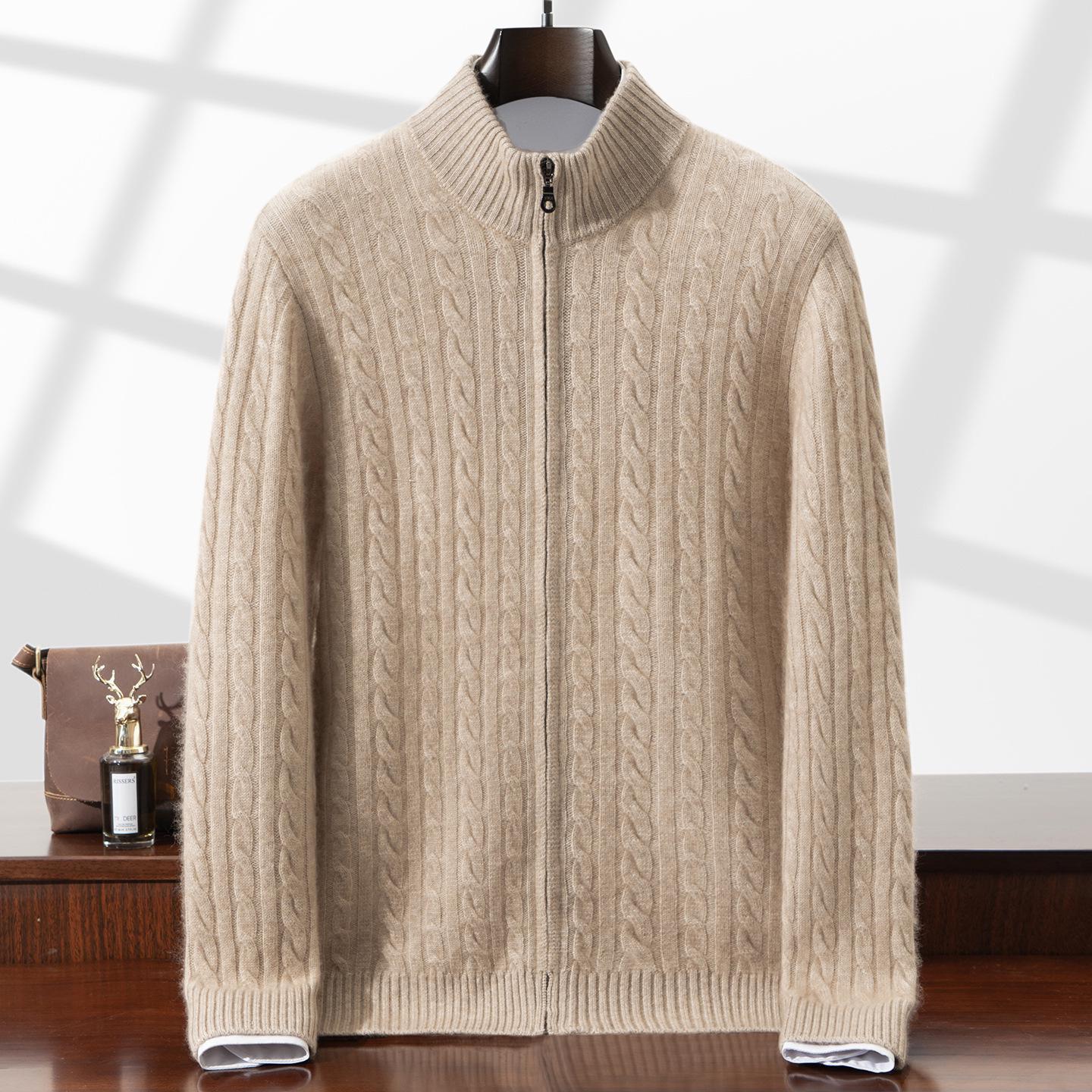 Men s Autumn/Winter Cashmere Cable Knit Zipper Cardigan Sweater, Half-High Collar, Plus Size M