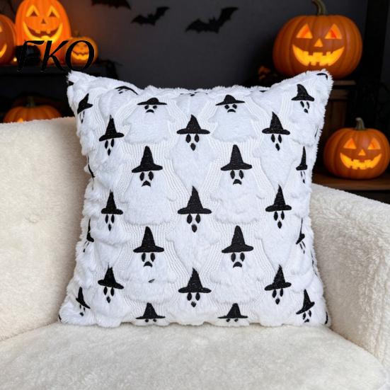 Seasonal Halloween Bedroom Accessories Ghost Cushion Cover, Fuzzy Throw Pillow 18x18 Inch Festive Living Room Sofa Decor Washable Plush Case for Couch