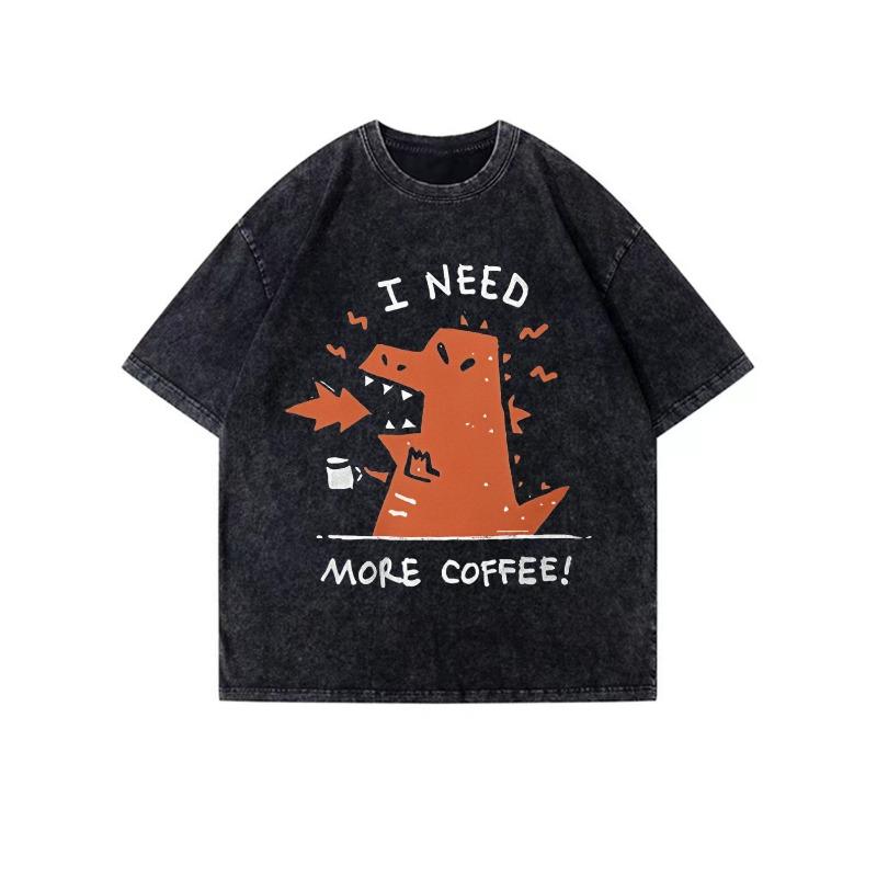 

European Size Men S Heavyweight Vintage Washed T-Shirt | Soft Loose Fit Tee with Funny Coffee Lover Graphic, Dark Retro Streetwear Top S чёрный