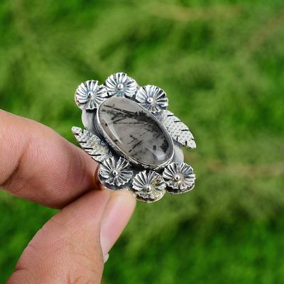 Natural Black Rutilated Quartz Flower Adjustable Ring 925 Silver For Girls