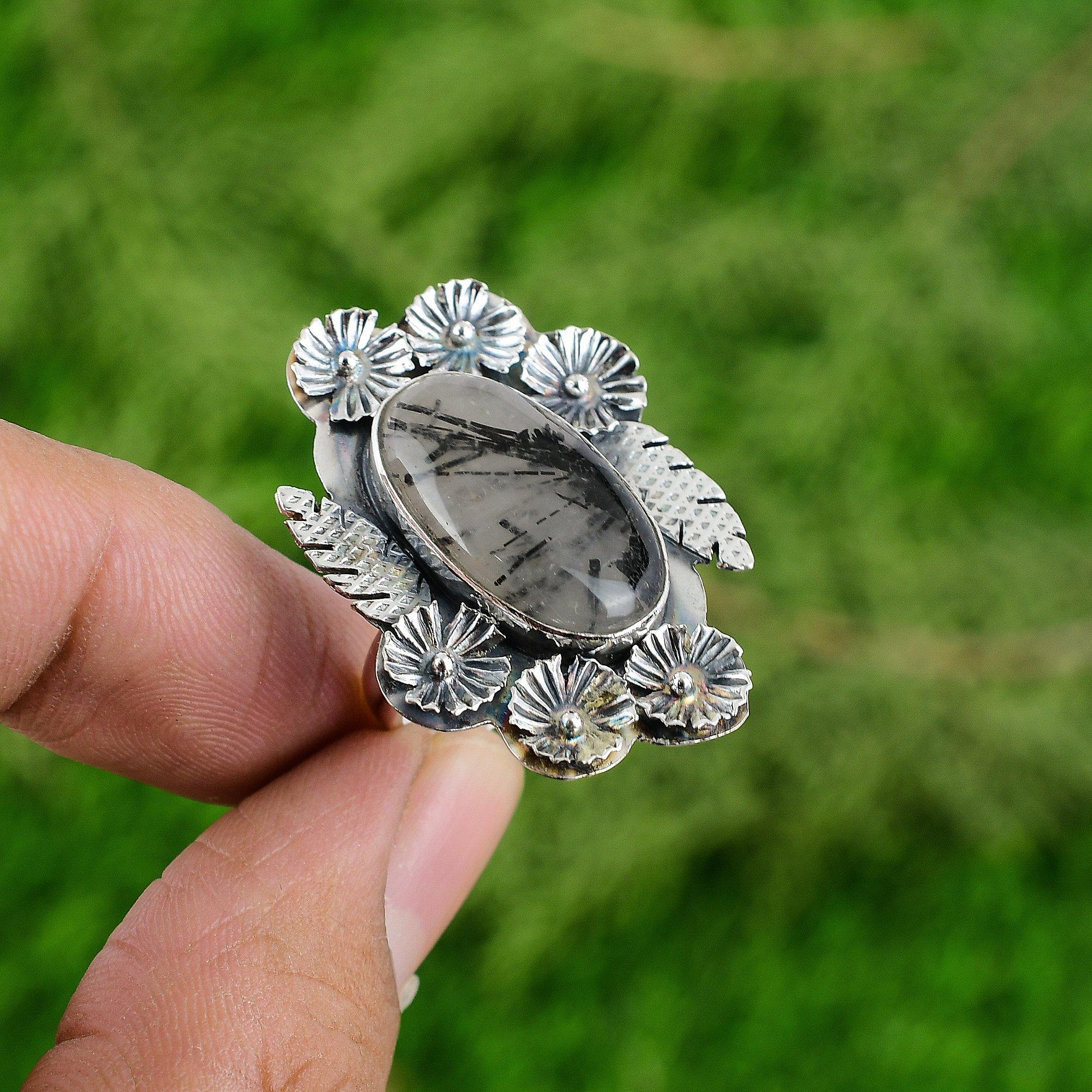 

Natural Black Rutilated Quartz Flower Adjustable Ring 925 Silver For Girls Adjustable