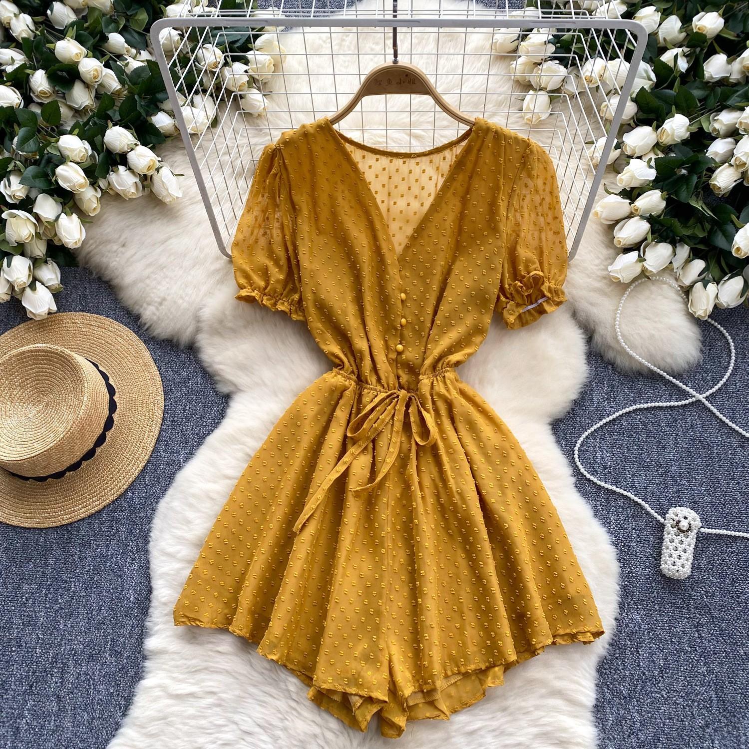 

Women s V-neck Puff Sleeve Tie Waist Versatile Wide-leg Jumpsuit Shorts One Size фіолетовий