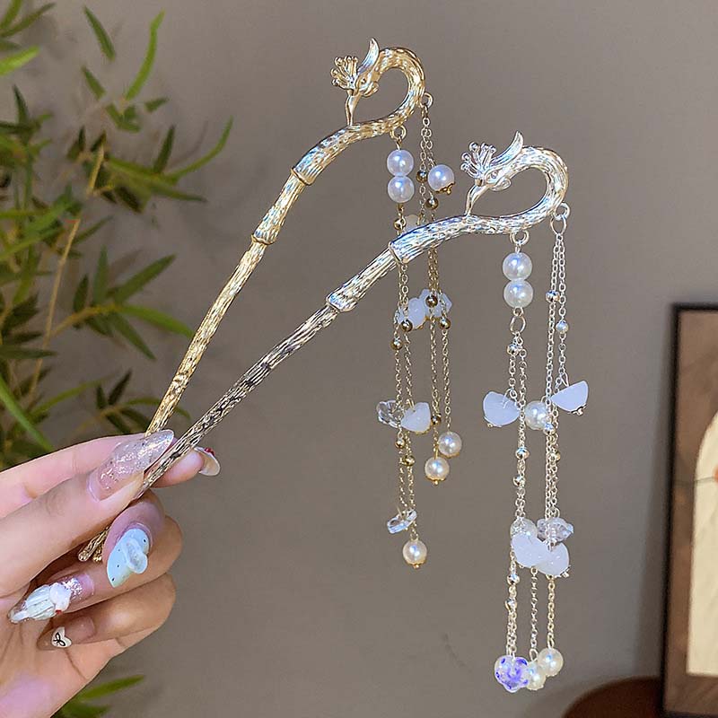 Neuer Chinesischer Stil Phönix Quaste Haarstab Für Frauen Vintage Metall Perle Hanfu Essstäbchen Haarnadel Haarschmuck
