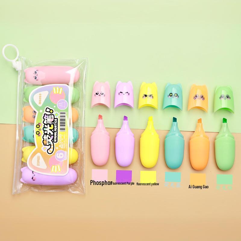 Set di 6 Mini Pennarelli Fluorescenti - Design Carino a Cartone Animato, Perfetti per Studenti delle Elementari. Evidenziatori Piccoli, Portatili e Colorati.