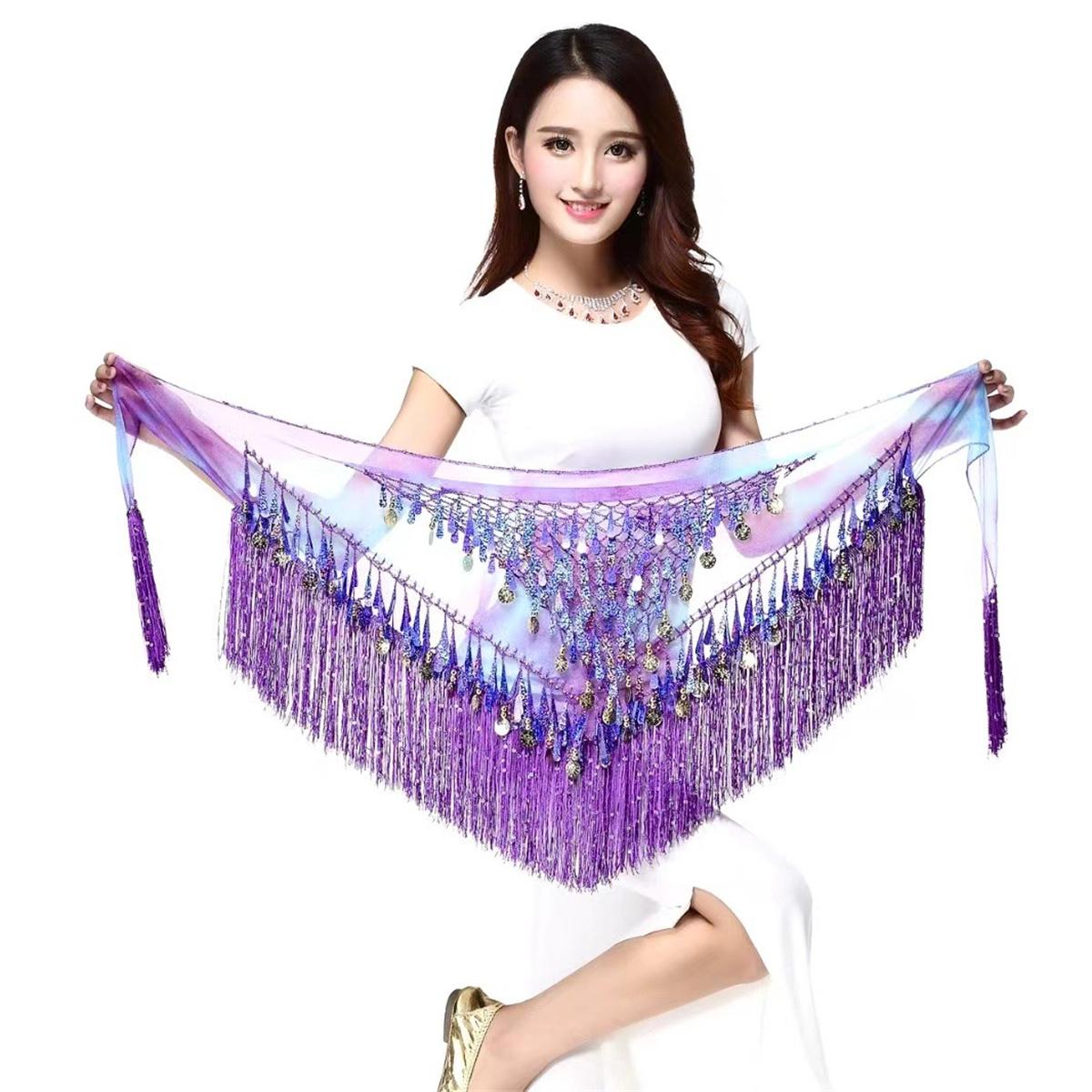 

Belly dance sequin triangle scarf tassel waist scarf practice hip scarf gradient triangle scarf dance performance waist chain